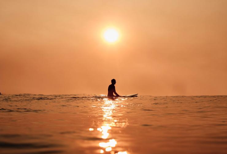 新南威尔士州，悉尼，邦迪海滩，一名冲浪者在清晨等待涨潮 © 澳大利亚旅游局版权所有