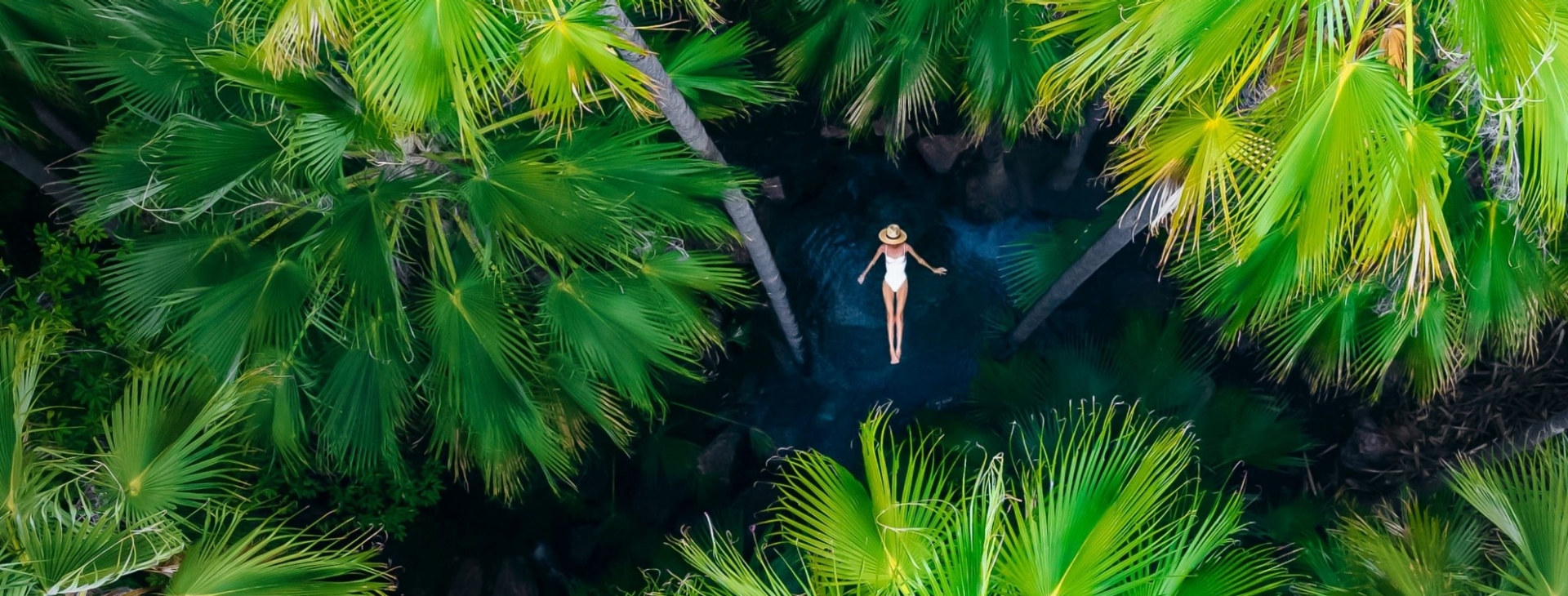 西澳大利亚州，金伯利，俯视角度下的漂浮在泽比第泉上的女子，周围是茂密的棕榈树丛 © 澳大利亚旅游局版权所有