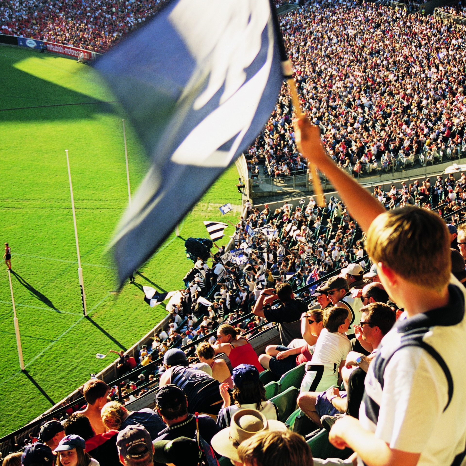 球迷在墨尔本的 AFL 总决赛上挥舞旗帜 © 维多利亚州旅游局版权所有