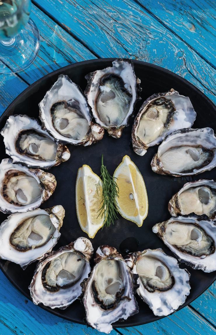 塔斯马尼亚州,布鲁尼岛,俯瞰 Get Shucked 餐厅蓝色餐桌上的一盘生蚝,生蚝围绕中间的柠檬片摆成圆形 © Adam Gibson / 塔斯马尼亚旅游局版权所有 塔斯马尼亚州,布鲁尼岛,俯瞰 Get Shucked 餐厅蓝色餐桌上的一盘生蚝,生蚝围绕中间的柠檬片摆成圆形 © Adam Gibson / 塔斯马尼亚旅游局版权所有