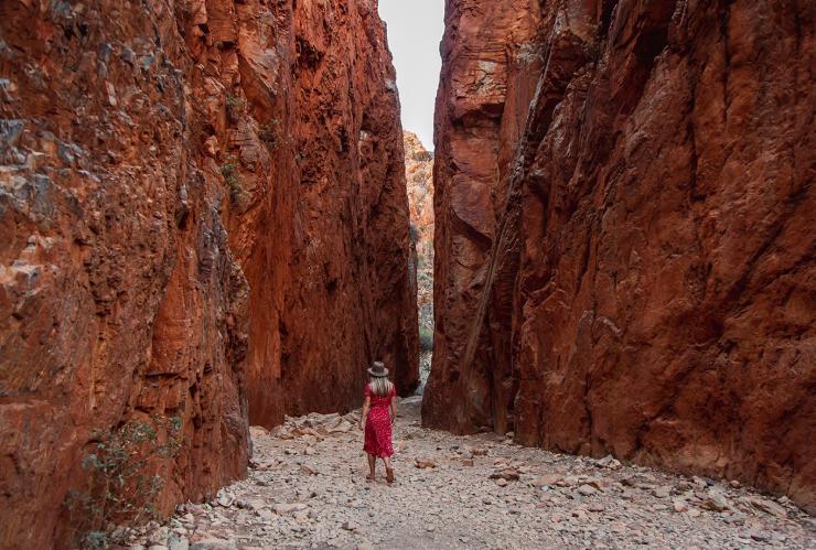 北领地，西麦克唐奈尔山脉，正在徒步穿越斯坦利峡谷的女性 © 澳大利亚旅游局版权所有