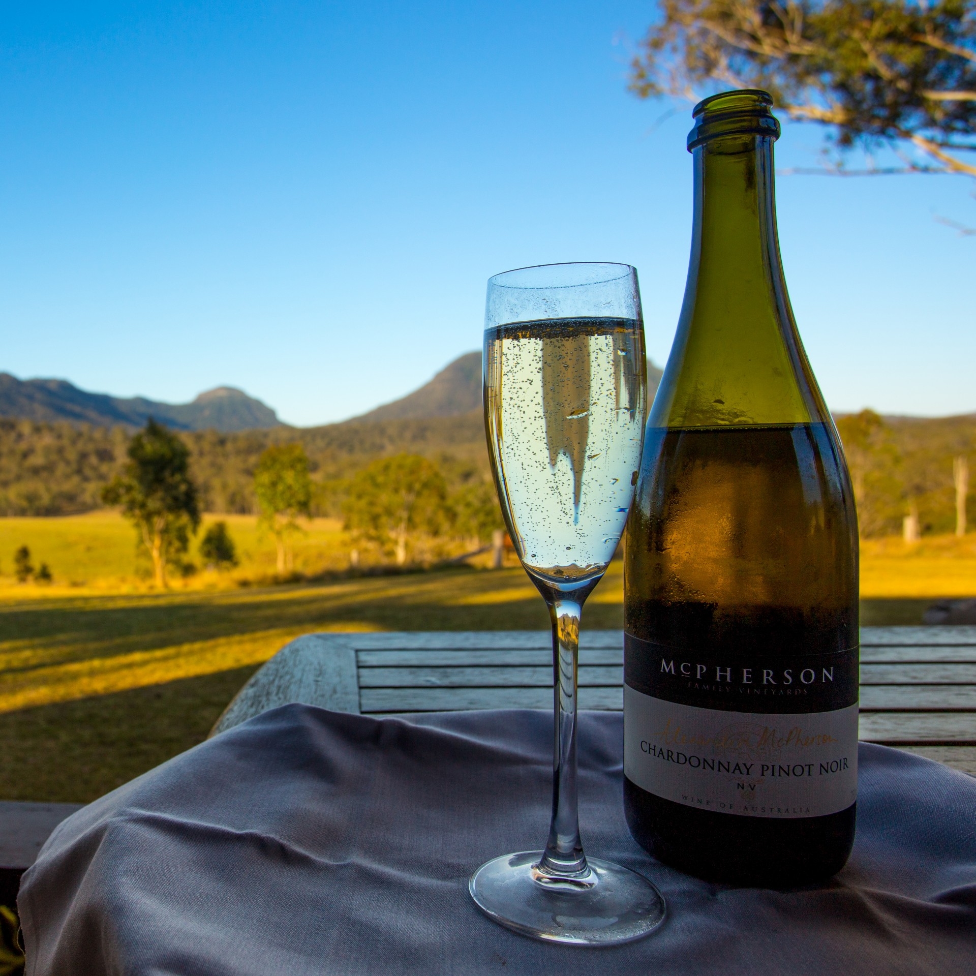 斯帕瑟树冠露营酒店的葡萄酒瓶和酒杯 © 斯帕瑟度假村/澳大利亚徒步之旅版权所有
