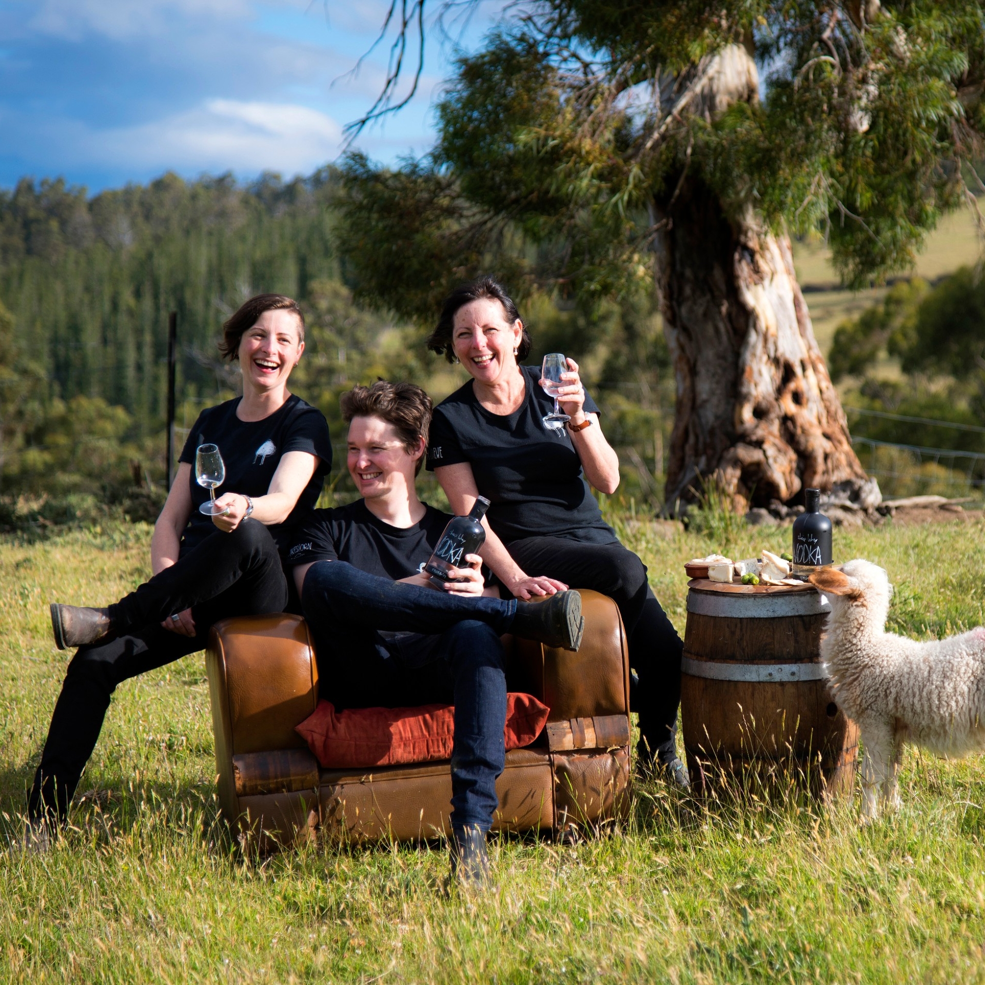 三人对着镜头微笑，旁边是绵羊和牧场 © 塔斯马尼亚旅游局和 Rob Burnett 版权所有