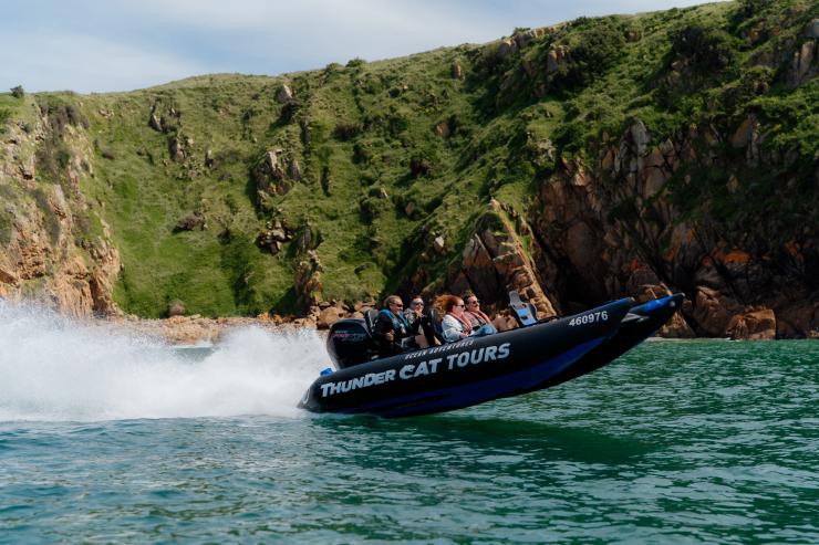 维多利亚州，满载游客的 Ocean Adventures 喷气快艇高速穿行在蓝色大海中，船头腾空而起，背景中是菲利普岛崎岖的绿色海岸线 © 澳大利亚旅游局版权所有