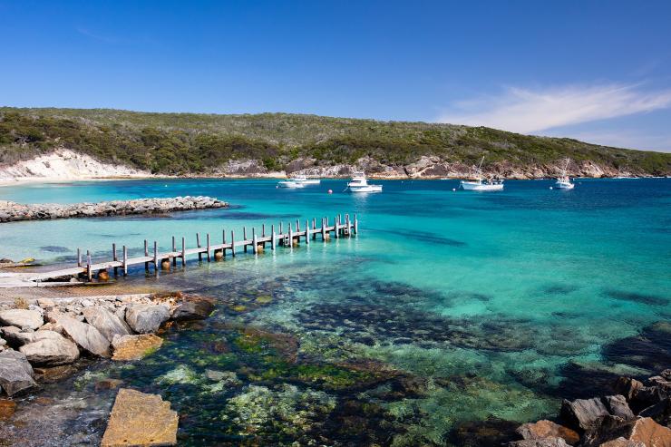 西澳大利亚州，布雷默湾，渔场海滩（Fishery Beach），宁静的海湾，海水清澈湛蓝，其间点缀着星星点点的白色船只和一个小码头 © 澳大利亚旅游局版权所有