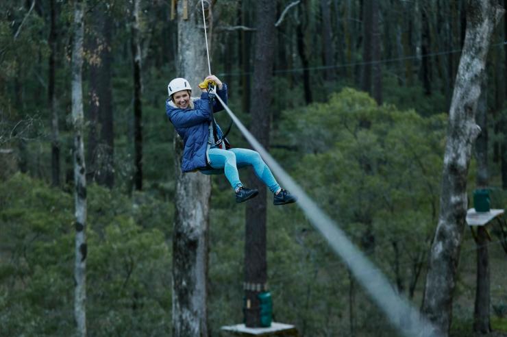 西澳大利亚州，玛格丽特河地区，勒德洛森林，在 Forest Adventures 推出的活动中，一位女性开心地通过缘绳速降穿越茂密的树林 © Tim Campbell 版权所有