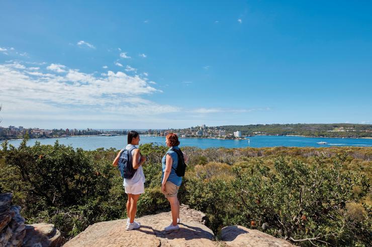 新南威尔士州，悉尼，在斯皮特桥至曼利镇步道上，两个人站在一块岩石上俯瞰着绿色植被和悉尼海港 © 新南威尔士州旅游局版权所有
