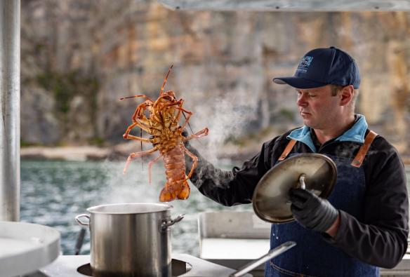 塔斯马尼亚州，霍巴特，Tasmanian Wild Seafood Adventures 旅行社，一位男士正在船上烹制龙虾 © Dearna Bond 版权所有