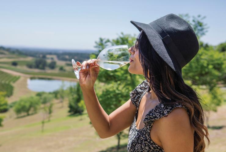 新南威尔士州，猎人谷，小酒馆莫林酒庄，一个人在酒庄品尝白葡萄酒 © 新南威尔士州旅游局版权所有