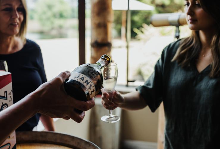 塔斯马尼亚州，塔玛谷，塔斯马尼亚州简茨酒庄，一个人在酒窖将气泡酒倒入酒杯 © Adam Gibson 版权所有