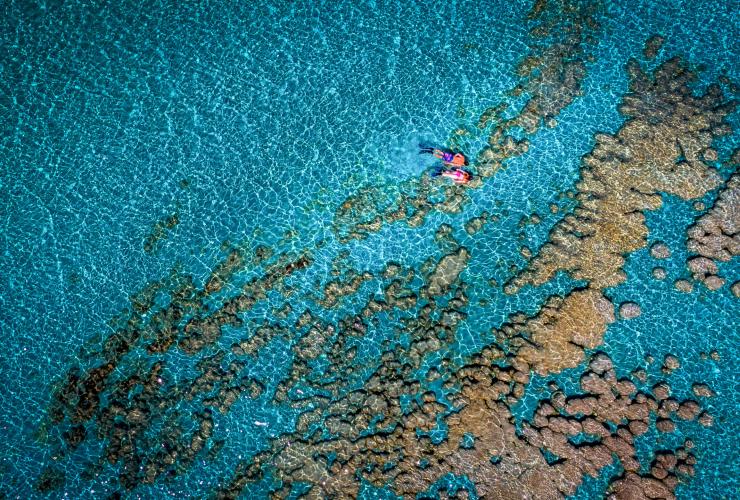 西澳大利亚州，鲨鱼湾，俯瞰两人正在浮潜 © Ben Teo / Coral Coast Helicopter Services 旅行社版权所有