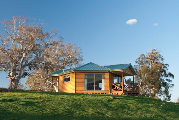 塔斯马尼亚州，汉密尔顿，柯林佳农场，一座农舍坐落在山顶，旁边绿树成荫 © 塔斯马尼亚旅游局版权所有