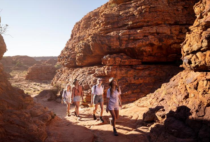 北领地，国王峡谷，国王峡谷边缘步道，一群人在红土岩间徒步，眼前景色美不胜收 © 北领地旅游局/澳大利亚旅游局版权所有
